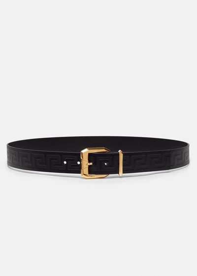 Shop Versace Greca Embossed Leather Belt, Male, Black, 85