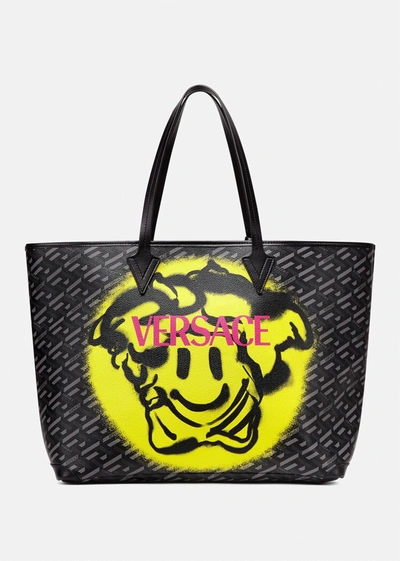 Shop Versace Medusa Tag Tote Bag In Black+gray