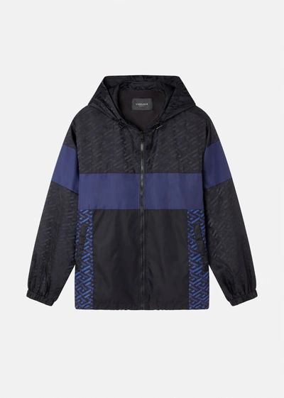 Shop Versace La Greca Print Hooded Jacket In Navy+black