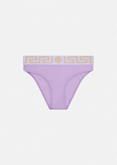 Shop Versace Greca Border Bikini Briefs In Violet