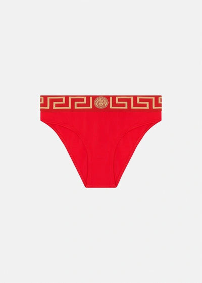 Shop Versace Greca Border Bikini Bottoms In Red