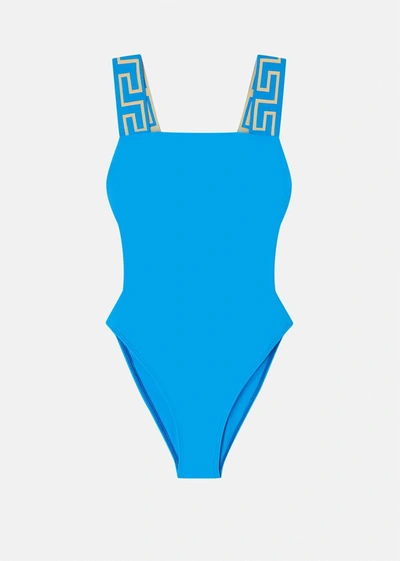 Shop Versace Greca Border One-piece Swimsuit In Blue