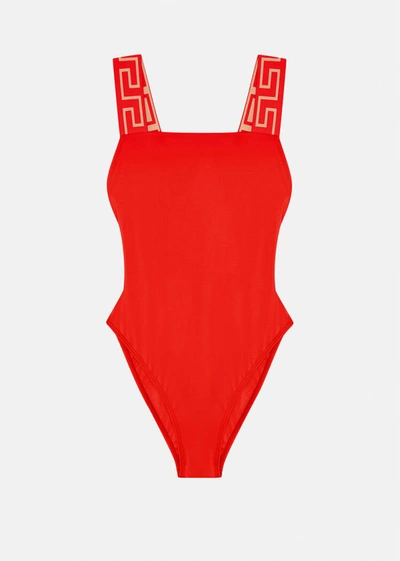 Shop Versace Greca Border One-piece Swimsuit In Red