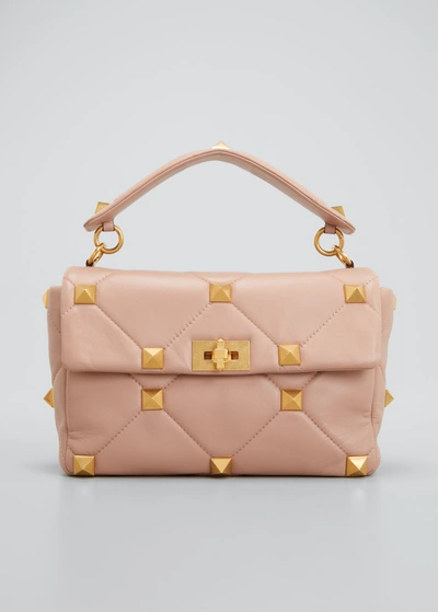 Shop Valentino Roman Stud Large Quilted Leather Shoulder Bag In Rose Cannelle