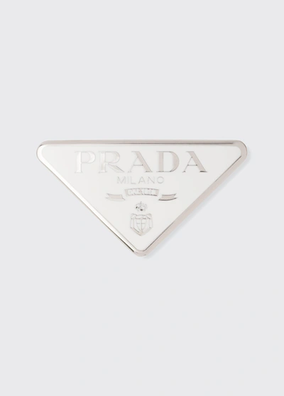 Shop Prada Enameled Logo Triangle Hair Clip In White