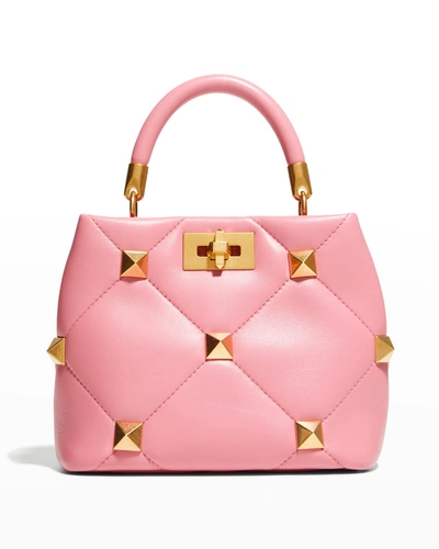 Shop Valentino Roman Stud Small Quilted Top-handle Bag In Flamingo Pink