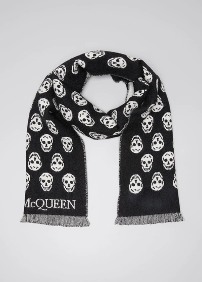 Shop Alexander Mcqueen Men's Wool Reversible Skulls Scarf In Black/white