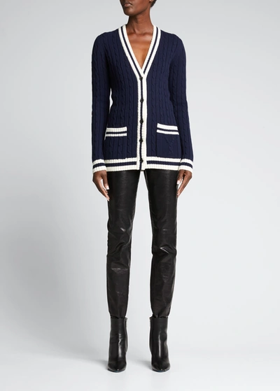 Shop Saint Laurent Cashmere Cardigan Sweater W/ Contrast Hem In Blu/multi