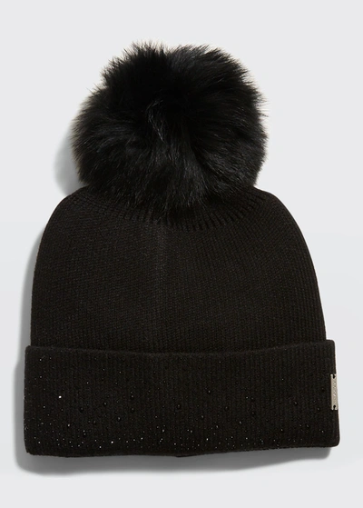 Shop Gorski Crystal Knit Beanie W/ Fur Pompom In Black