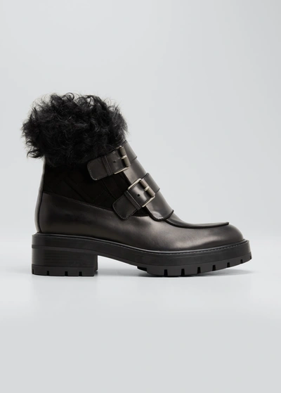 Shop Aquazzura Ryan Lug-sole Shearling Buckle Boots In Black