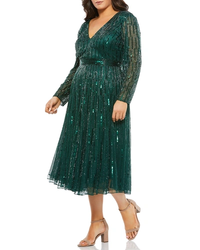 Shop Mac Duggal Plus Size Long-sleeve Sequin Midi Dress In Emerald