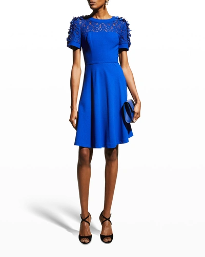 Shop Shani Lace-yoke Crepe Dress W/ Flower Applique In Blue