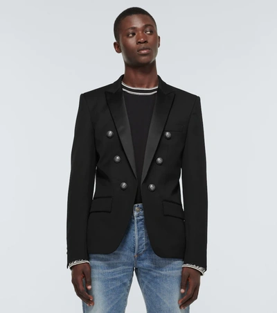 Shop Balmain Double-breasted Wool Blazer In Noir/noir