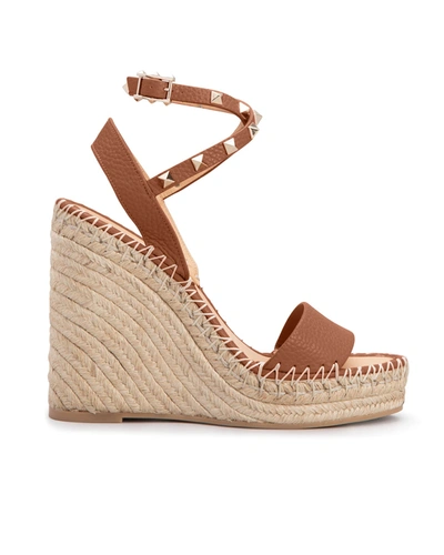 Shop Valentino 125mm Rockstud Double Wedge Espadrilles In Saddle