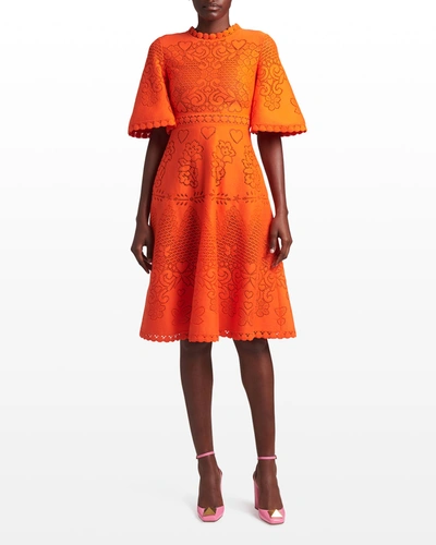 Shop Valentino Heart-embroidered Scallop Dress In Orange