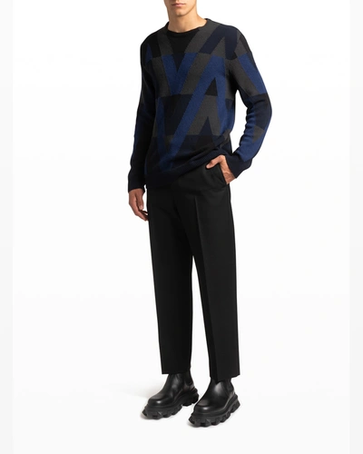 Shop Valentino Men's V Optical Wool Sweater In Navy/black