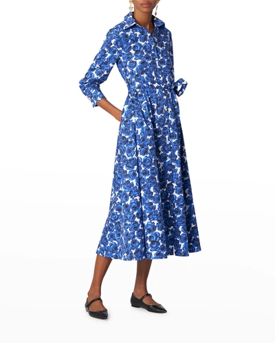Shop Carolina Herrera Rose-print Midi Shirtdress - Bci Cotton In Blue Multi