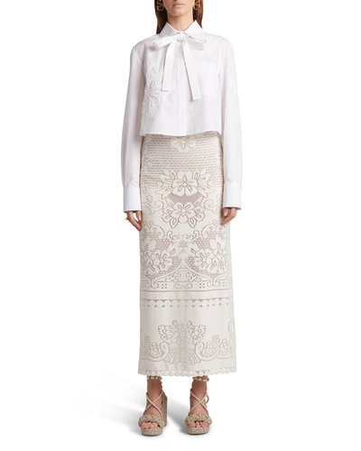 Shop Valentino Peony Macrame Maxi Skirt In Ivory