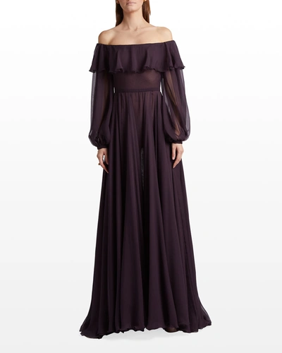 Shop Valentino Foldover Off-the-shoulder Chiffon Gown In Plum