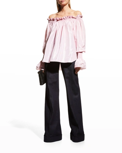 Shop Adam Lippes Smocked Off-the-shoulder Silk Taffeta Top In Pink