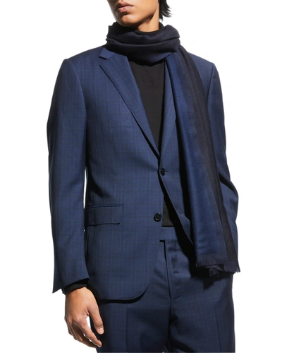 Shop Ermenegildo Zegna Men's Fine Two-tone Wool Scarf In Medium Blue
