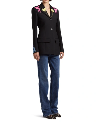 Shop Valentino Floral Shoulder Blazer Jacket In Black Multi