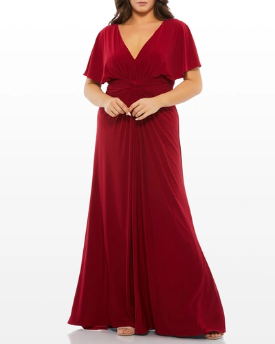 Shop Mac Duggal Plus Size V-neck Solid Jersey Gown In Deep Red