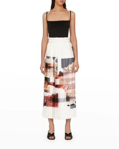 Shop Agnona Abstract Shell-print Pleated Satin Skirt In Bianco