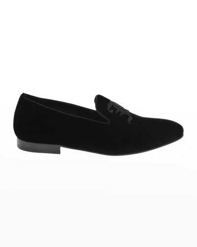 Shop John Galliano Paris Men's Logo Velvet Loafers In Black