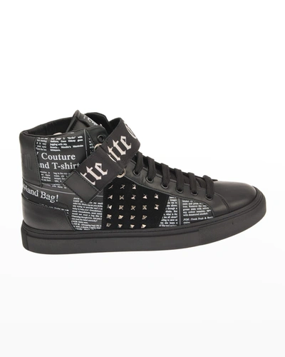 Shop John Galliano Paris Men's Gazette-print Studded High-top Sneakers In Black