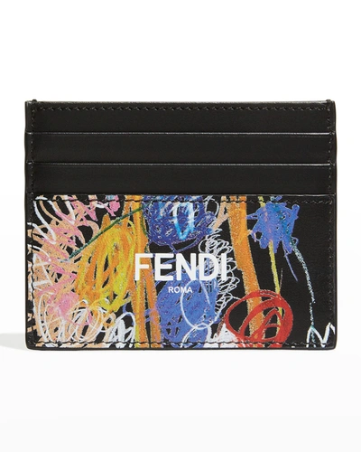 Shop Fendi Men's Artist-print Leather Card Case In Neromlcp