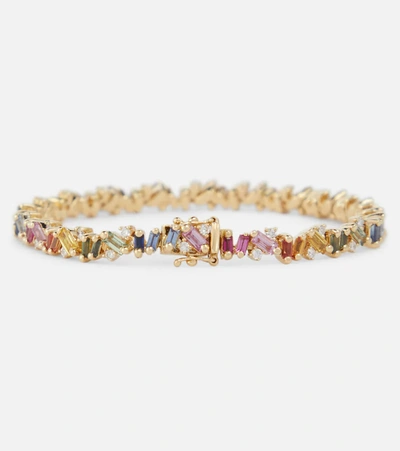 Shop Suzanne Kalan Fireworks 18kt Yellow Gold Bracelet With Diamonds And Sapphires In Rainbow