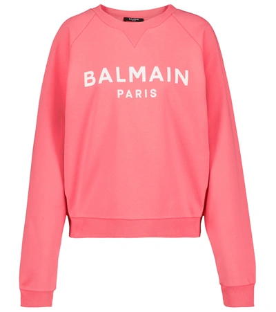 Shop Balmain Logo Cotton Sweatshirt In Rose Saumon/blanc