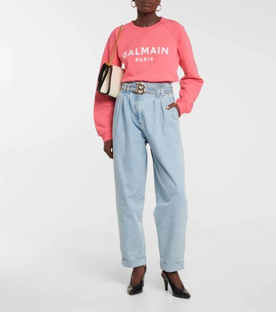 Shop Balmain Logo Cotton Sweatshirt In Rose Saumon/blanc