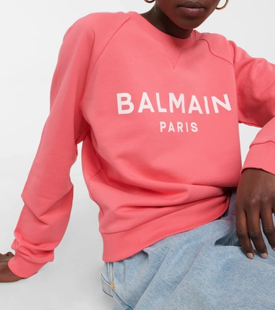 Shop Balmain Logo Cotton Sweatshirt In Rose Saumon/blanc