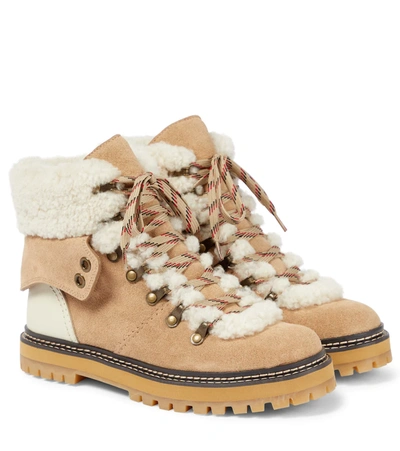 Shop See By Chloé Eileen Shearling-lined Suede Hiking Boots In Beige
