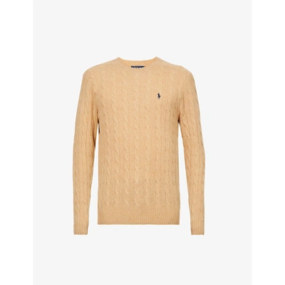 Shop Polo Ralph Lauren Cable-knit Logo-embroidered Wool And Cashmere-blend Jumper In Camel Melange