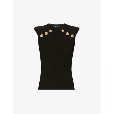 Shop Balmain Button-embellished Sleeveless Stretch-woven Top In Noir