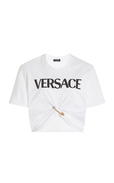 Shop Versace Women's Logo-print Cropped Cotton T-shirt In White