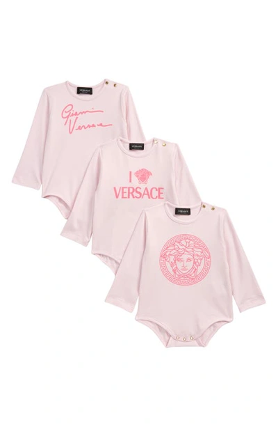 Shop Versace Assorted Logo 3-pack Bodysuits In Baby Rose Fuschia