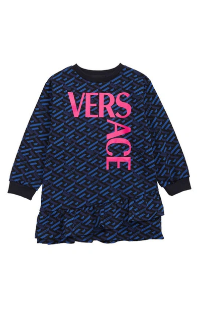 Shop Versace Kids' La Greca Monogram Logo Stretch Cotton Sweatshirt Dress In 2u010 Blue Fuxia