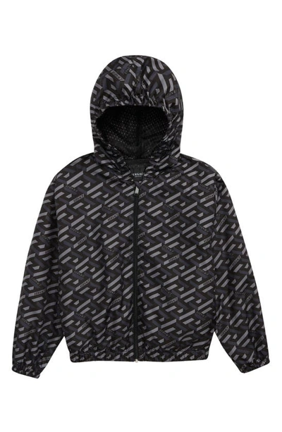 Shop Versace Kids' Greca Monogram Hooded Windbreaker In 5b050 Black Grey
