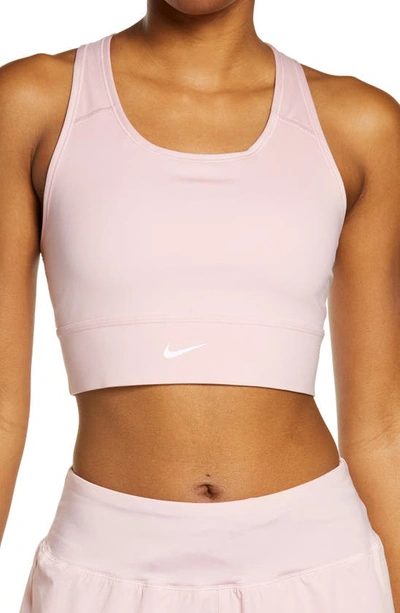 Shop Nike Dri-fit Swoosh Padded Longline Sports Bra In Pink Glaze/ White