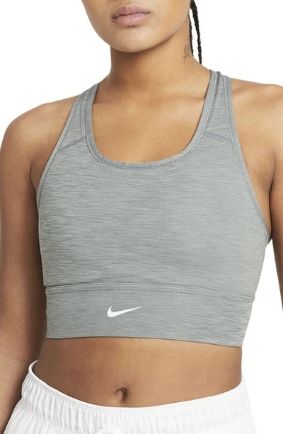 Shop Nike Dri-fit Swoosh Padded Longline Sports Bra In Smoke Grey/ Pure/ White