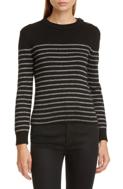 Shop Saint Laurent Shimmer Stripe Wool Blend Sweater In Noir/ Argent