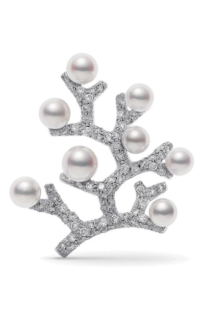 Shop Mikimoto Diamond & Cultured Pearl Tree Brooch In White Gold