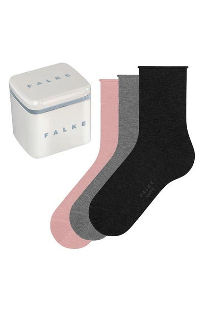 Shop Falke Happy Assorted 3-pack Crew Socks Gift Box In Light Grey/ Blossom/ Black