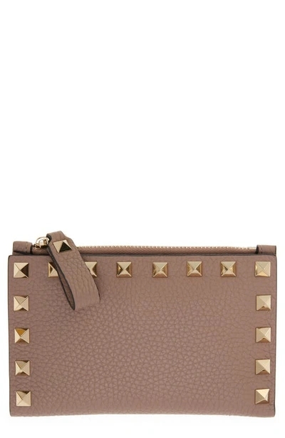 Shop Valentino Rockstud Zip Coin & Card Pouch In Poudre