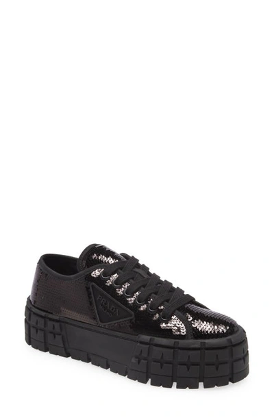 Shop Prada Double Wheel Sequin Platform Sneaker In Nero