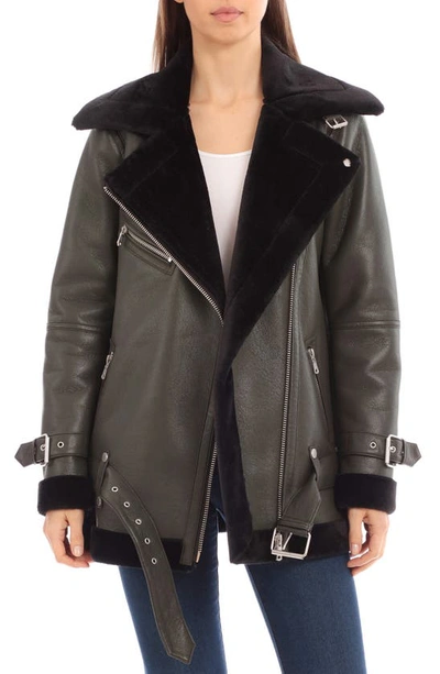 Shop Avec Les Filles Faux Shearling Moto Jacket In Dark Green/ Black